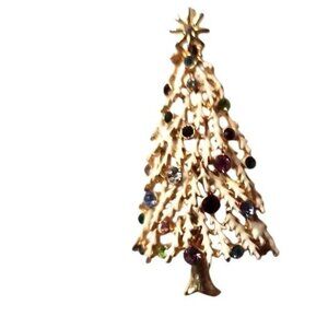 Christmas Tree Brooch Pin gold tone white Multicolor Rhinestones womens jewelry